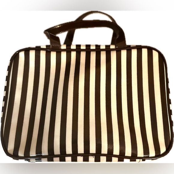 henri bendel Handbags - Vintage signature Henri Bendel Brown & White Striped Hanging Toiletry Bag
